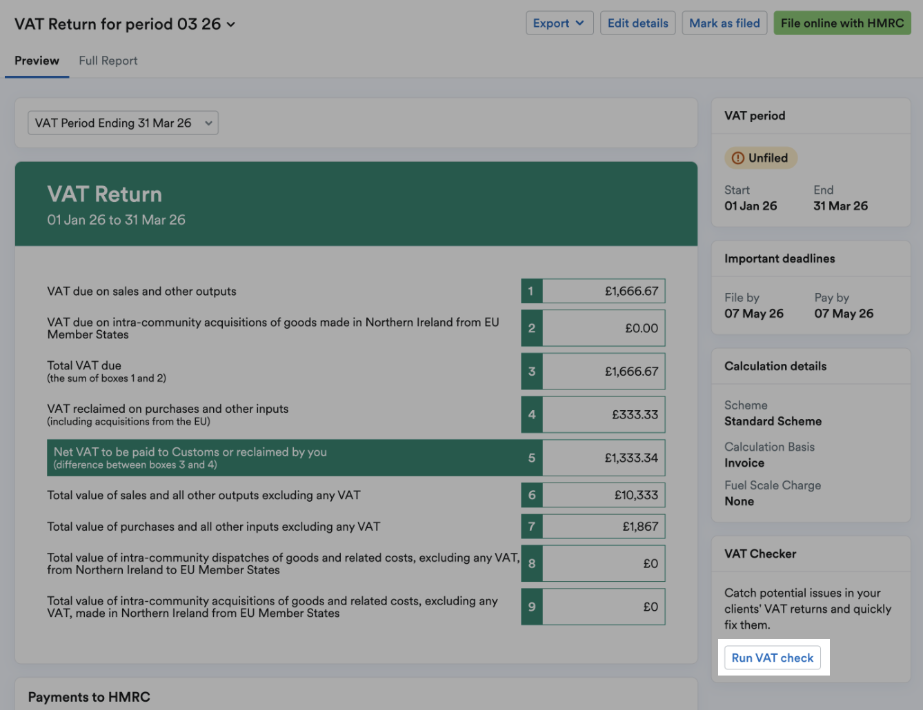 Run VAT check button highlighted in VAT Checker section on right-hand side