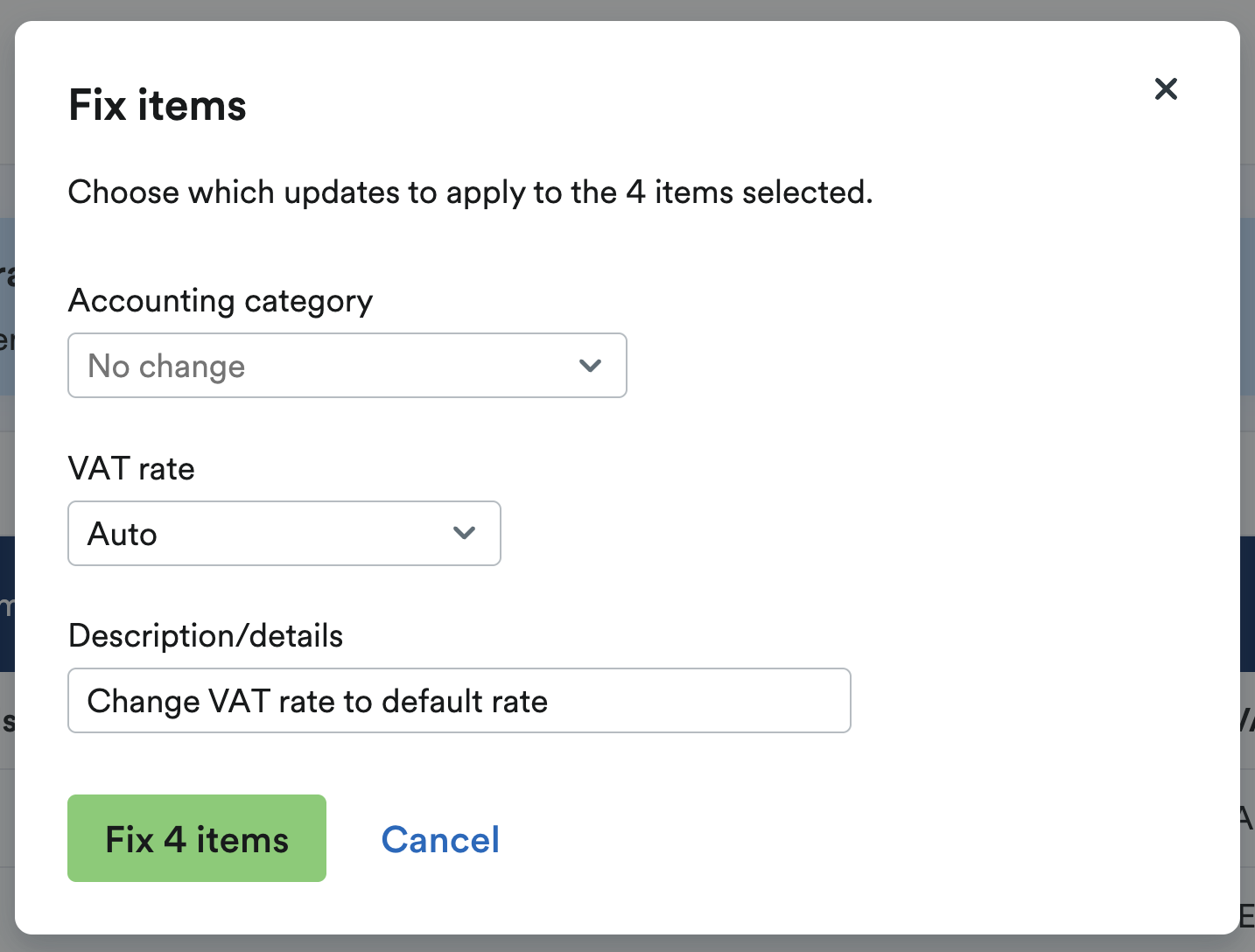 Fix items window for making changes to accounting category, VAT rate and/or description