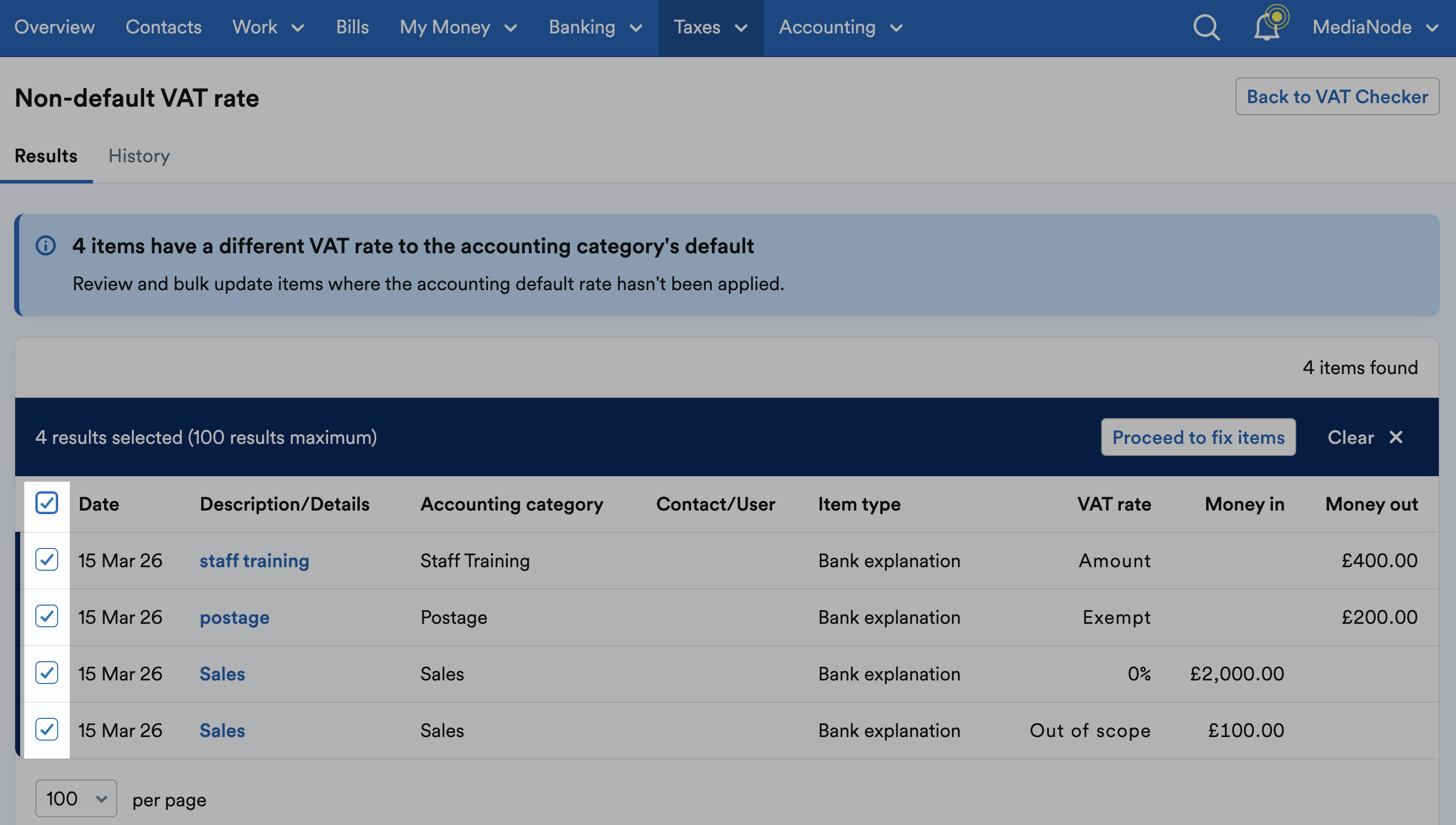 Checkboxes ticked for items to fix