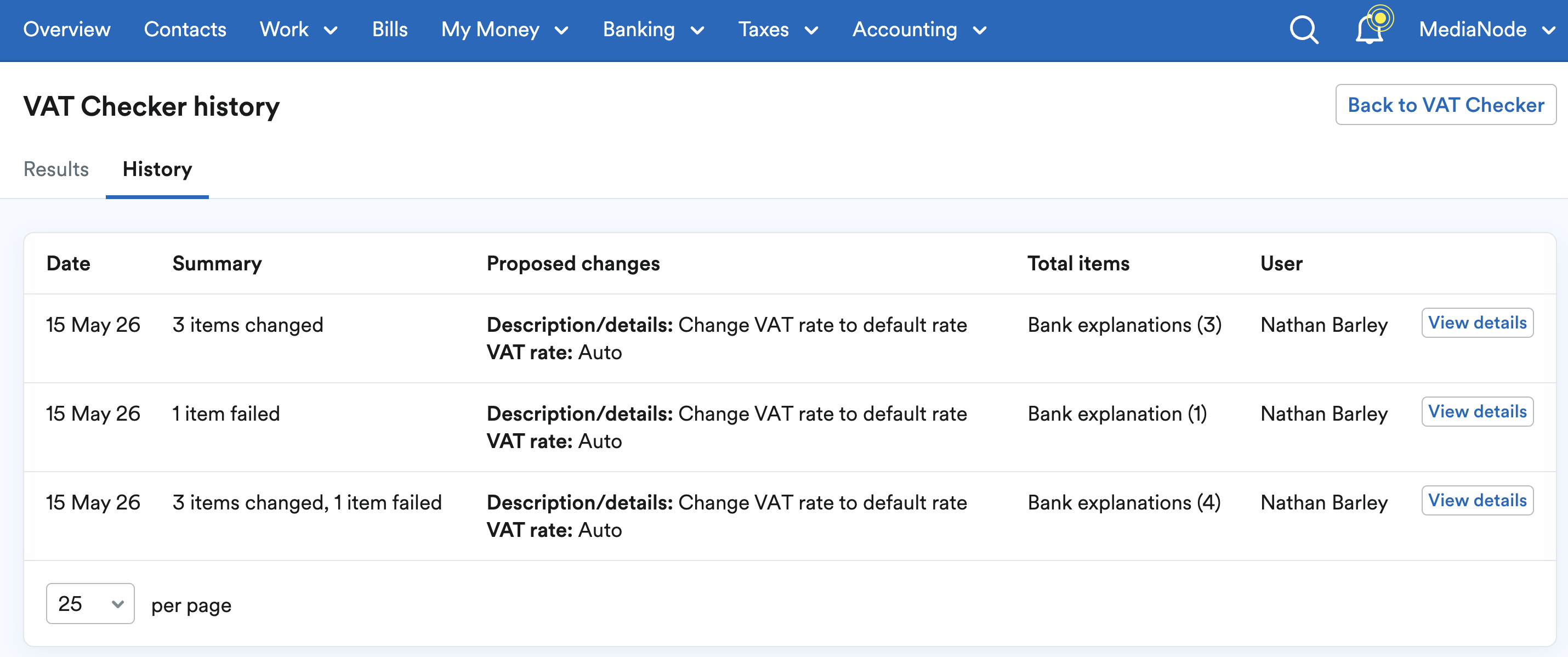 History of items changed by the VAT checker