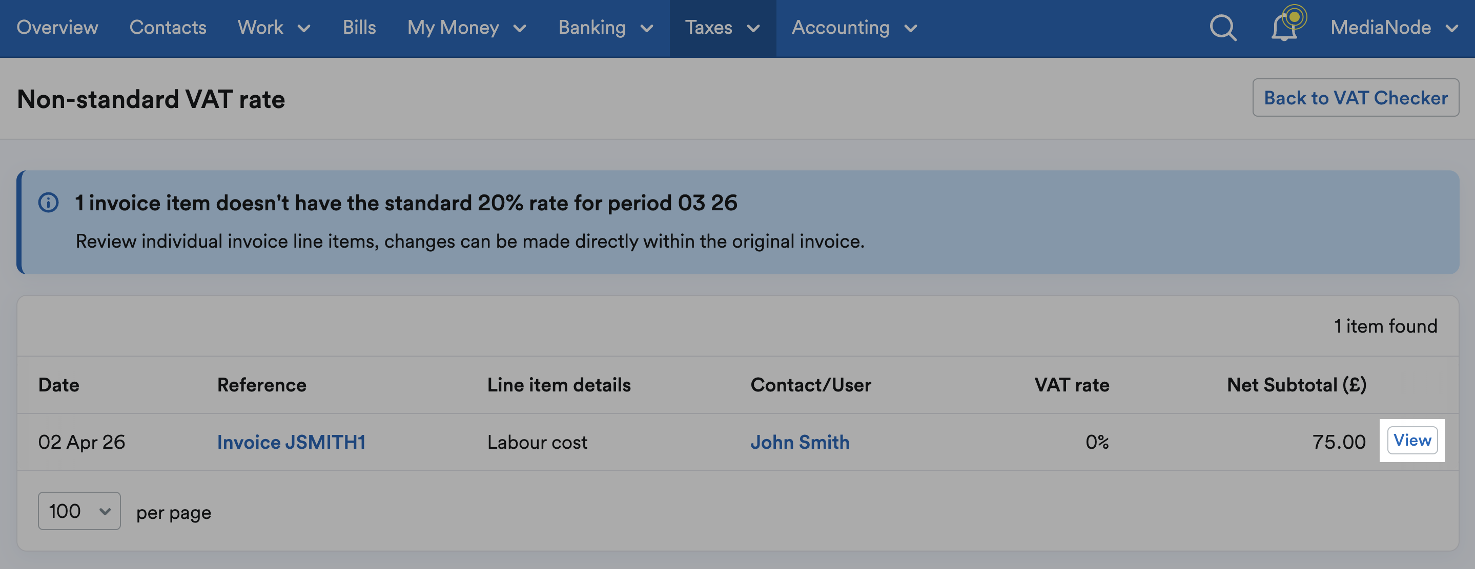 View button highlighted to the right to an item relating to invoice line item