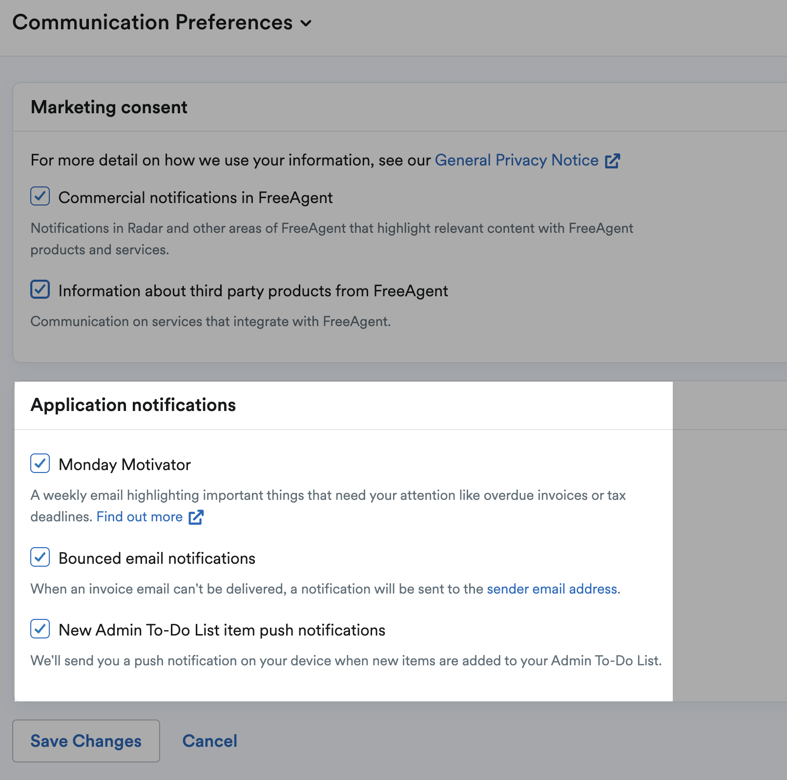 Application notifications section