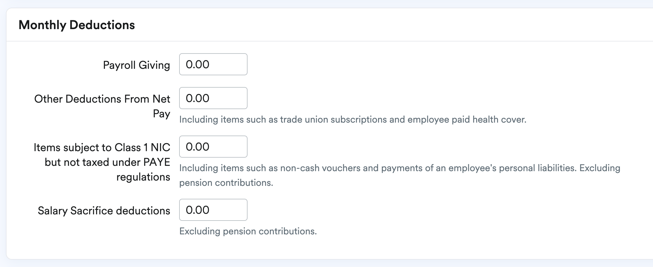 Monthly deductions section of payroll profile in FreeAgent