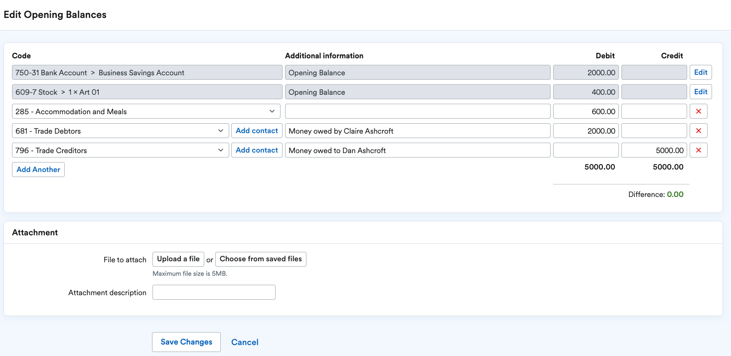 Edit Opening Balances page showing codes, additional information and Debit and Credit figures.