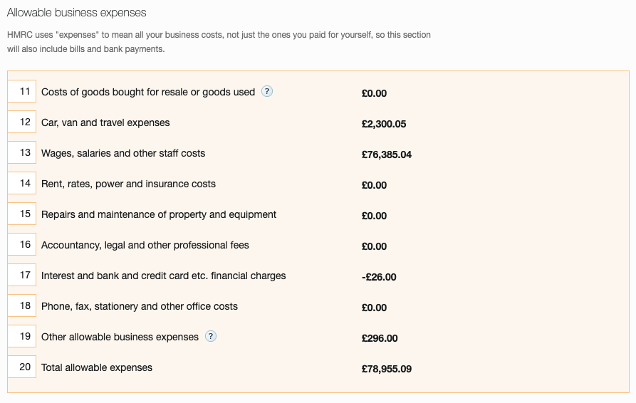 Allowable business expenses section of Self Employment form