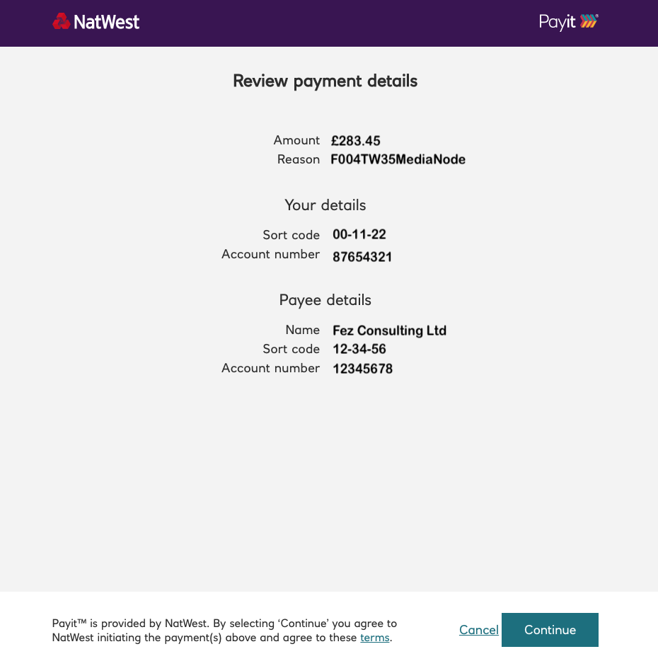 NatWest page to Review payment details.