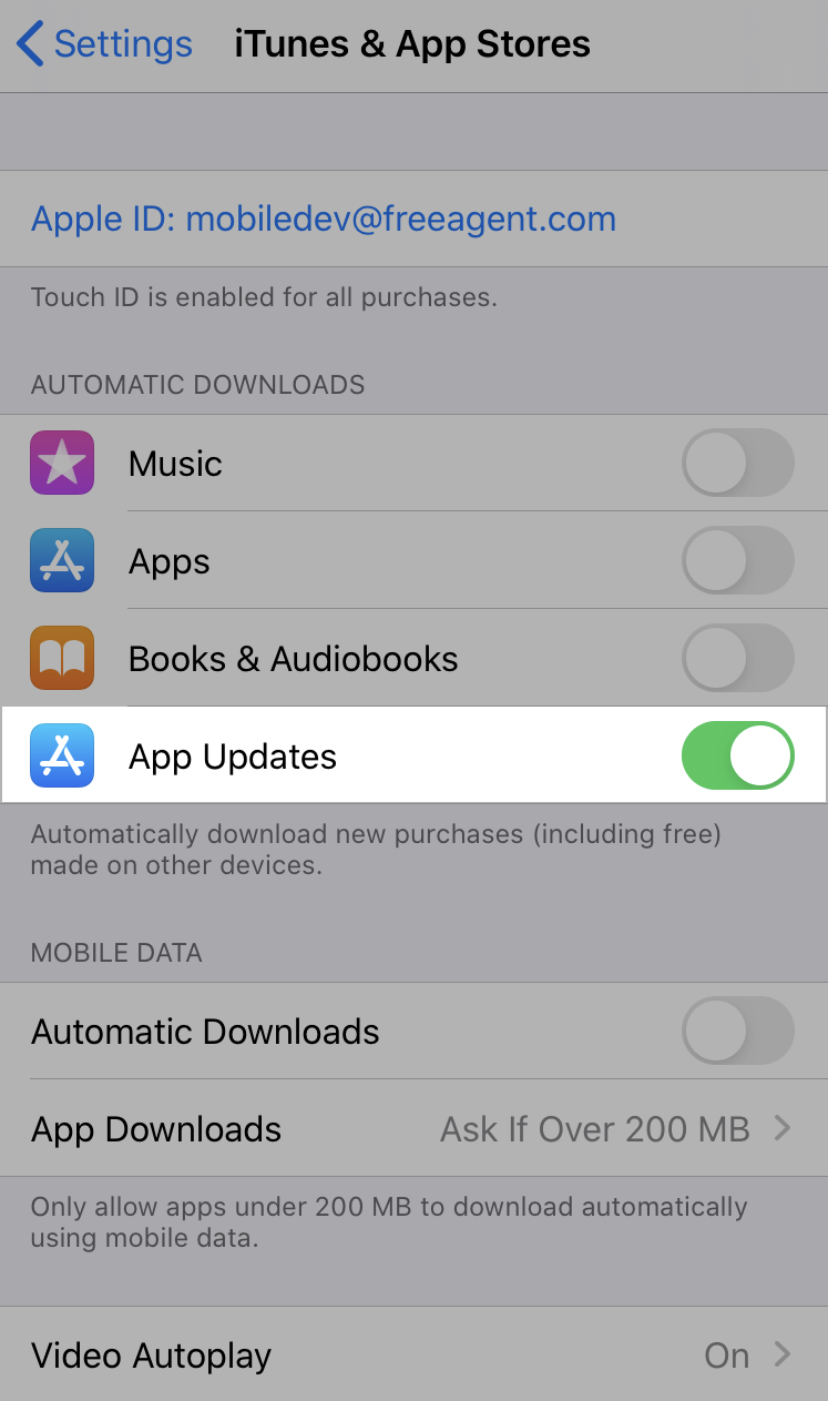 App Updates toggle to set to on