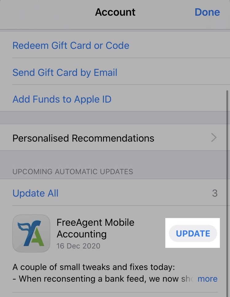 Option to update FreeAgent mobile app highlighted