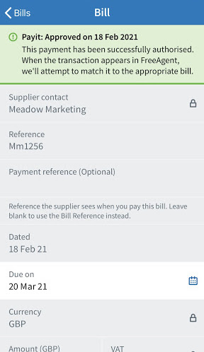 Notice saying Payit is approved on Bill screen.