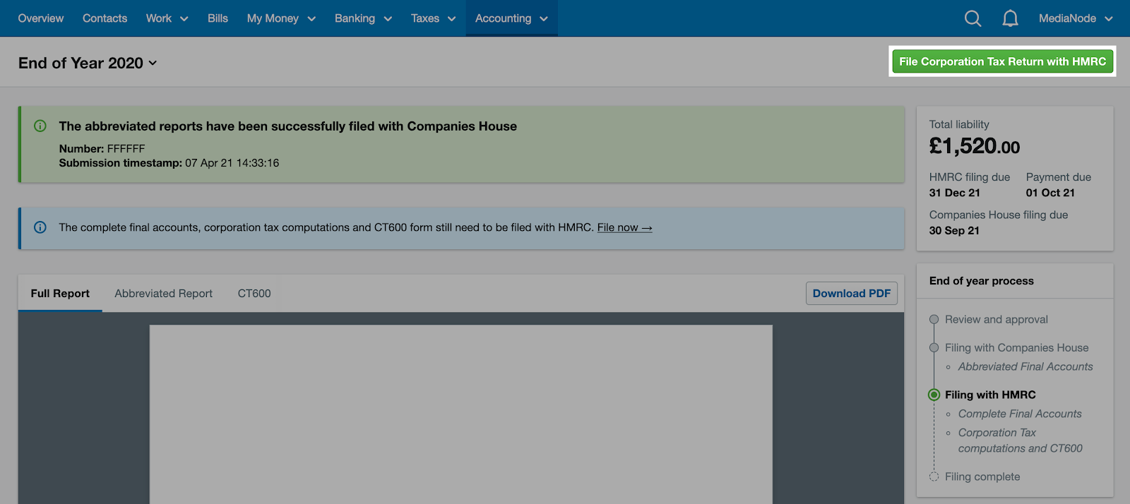 File Corporation Tax Return with HMRC button highlighted above the return.