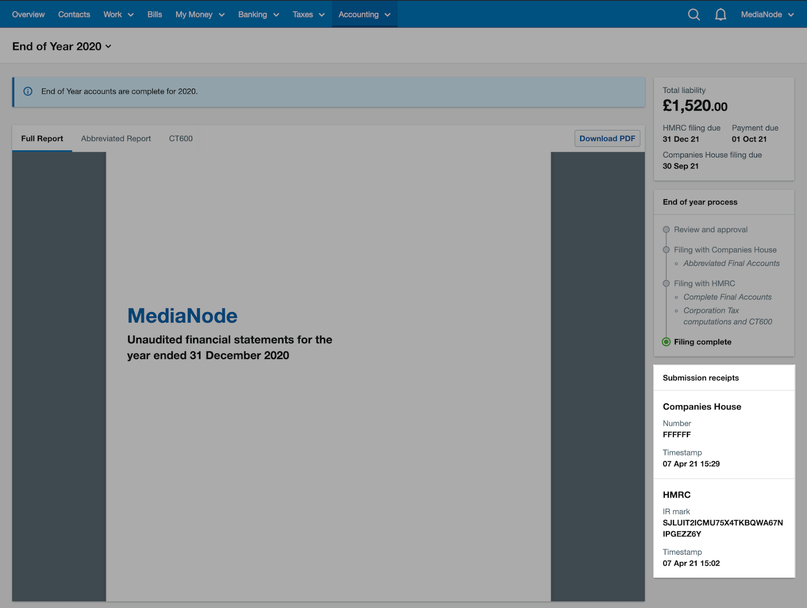 Submission receipts box highlighted in the panel next to the report.