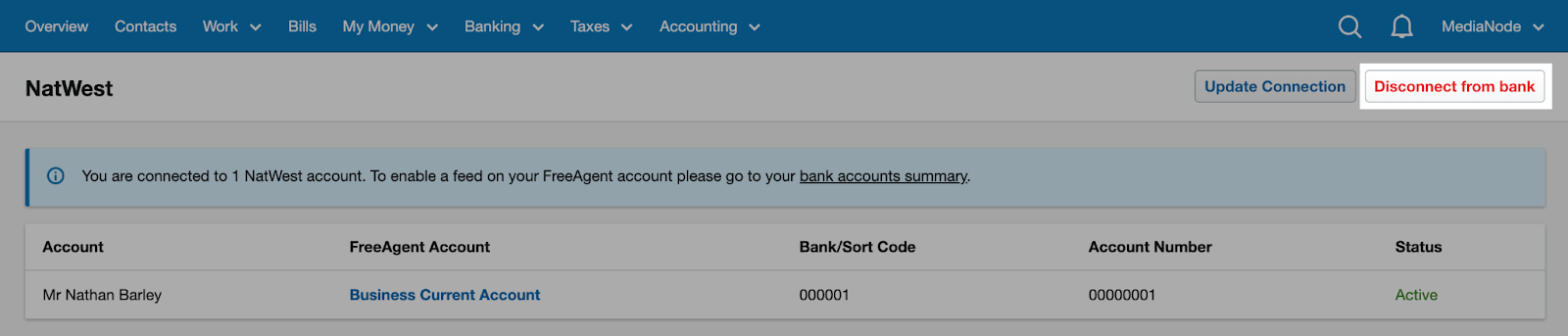 'Disconnect from bank' button highlighted at top of NatWest page.