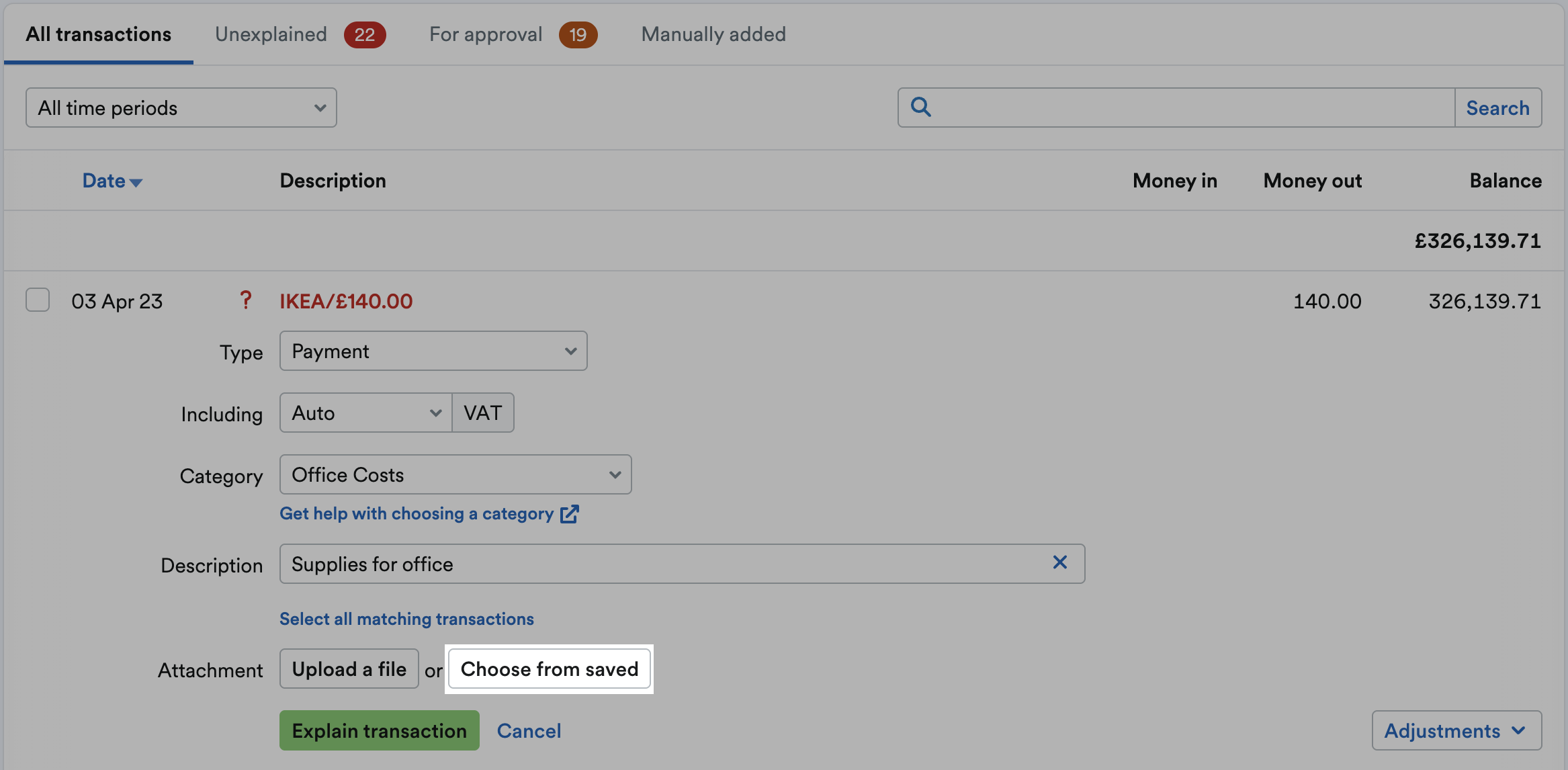 'Choose from saved' button highlighted on transaction.