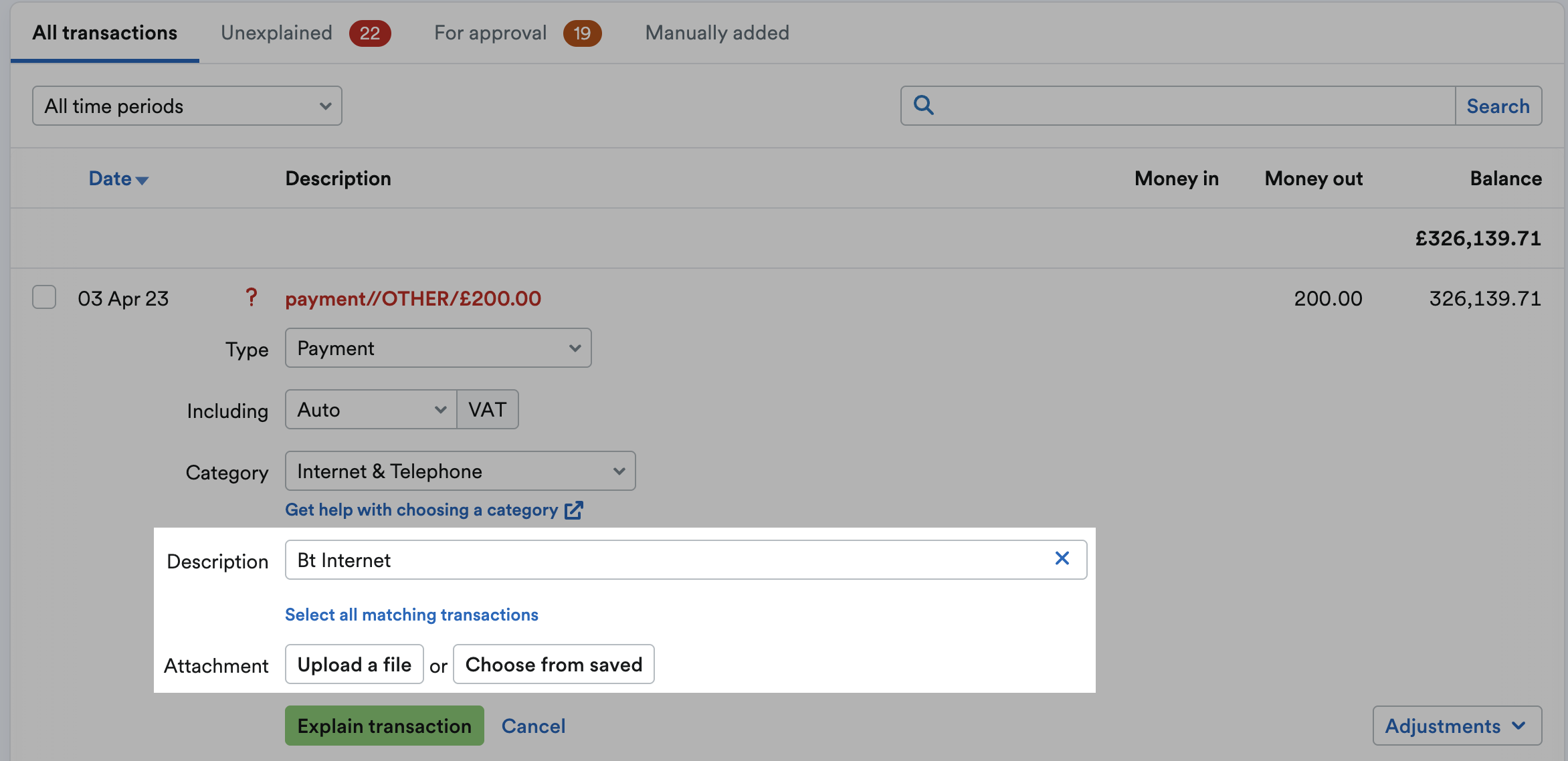 'Upload a file' and 'Choose from saved' buttons highlighted on transaction.