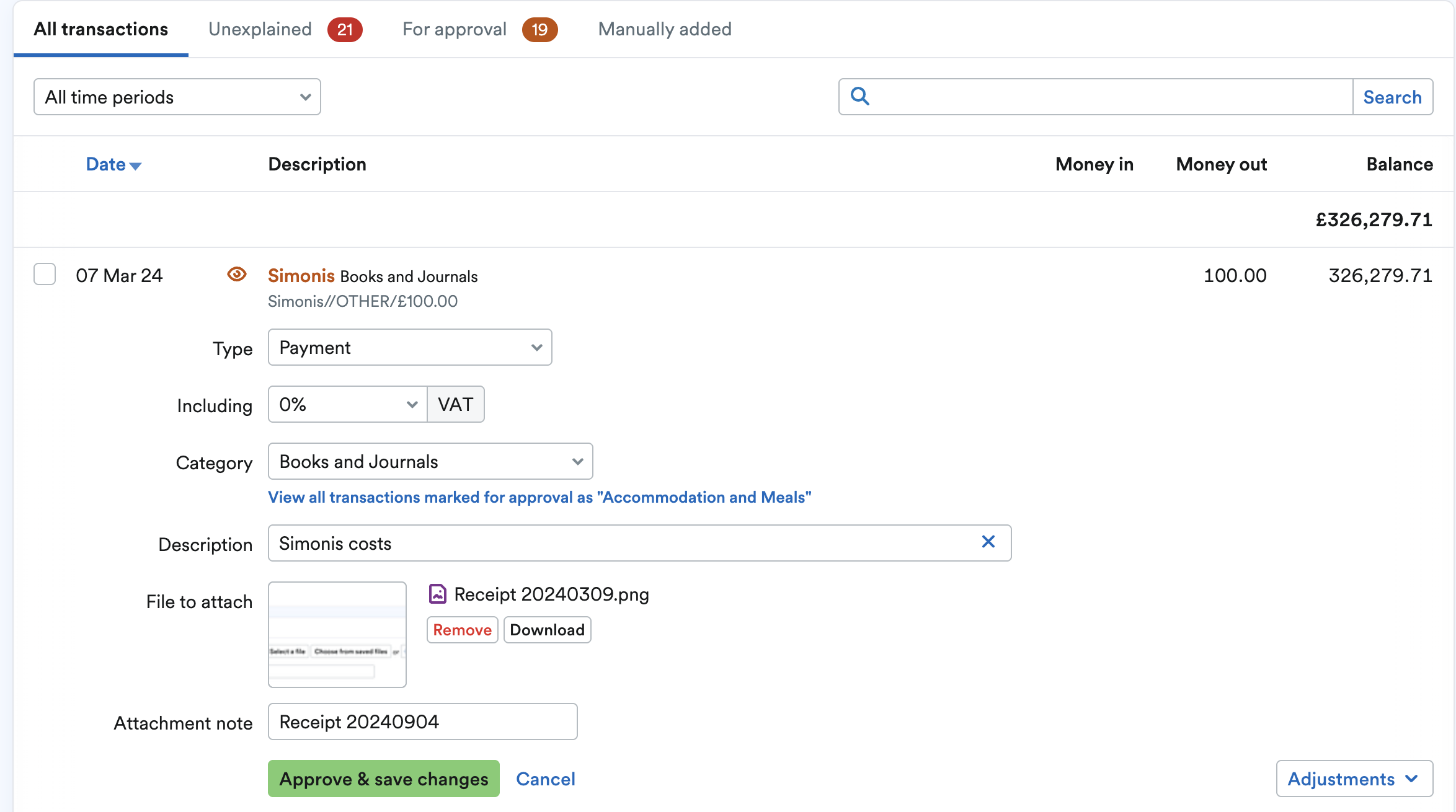 Bank transaction with Smart Capture file attached to it