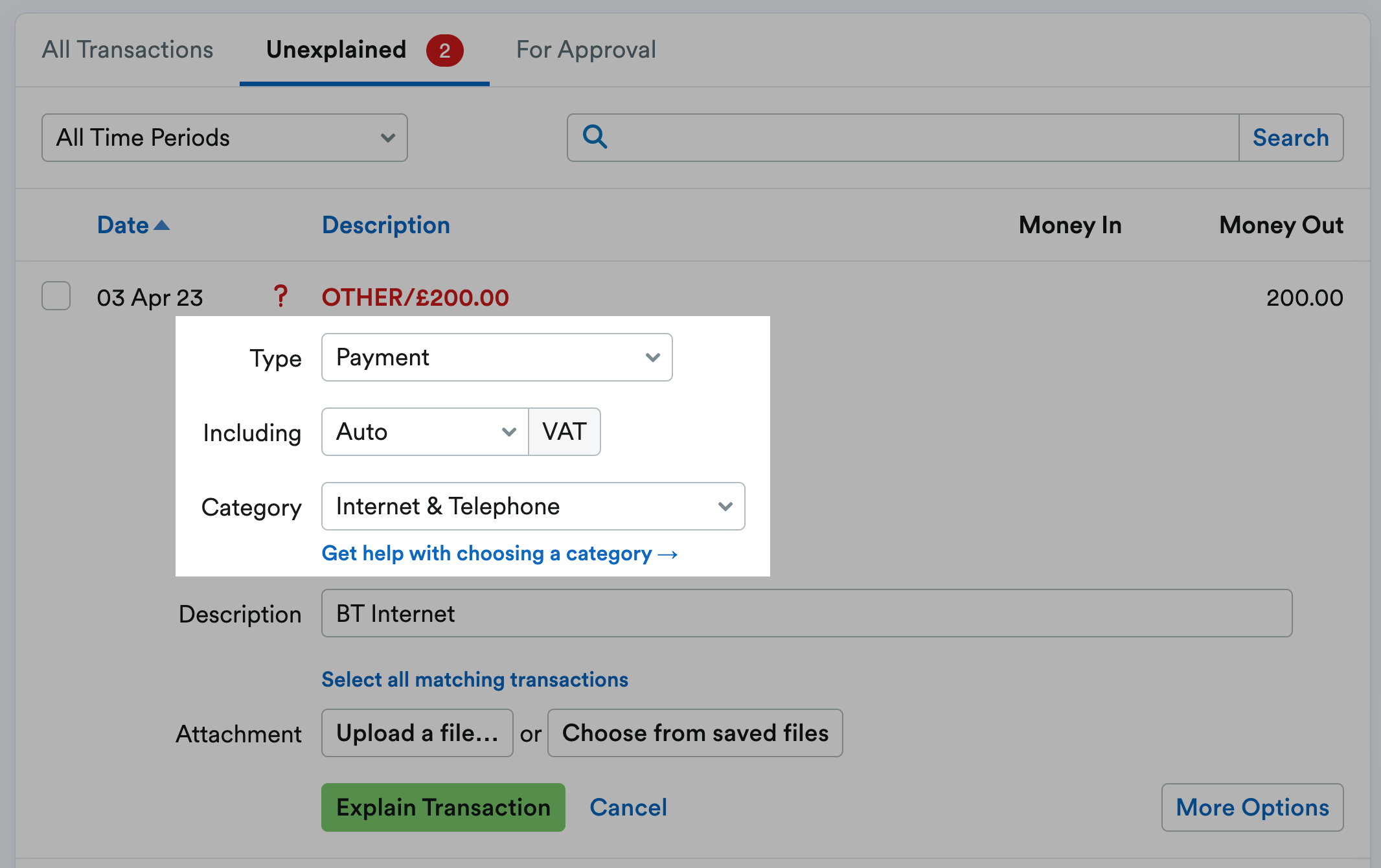 'Type', 'Including... VAT' and 'Category' fields.
