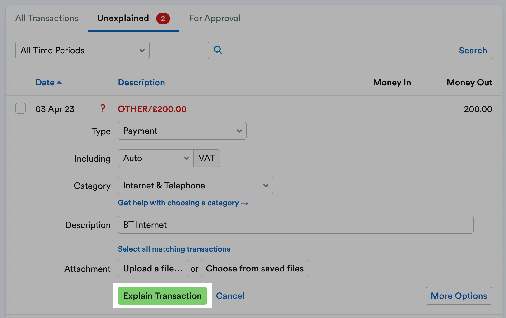 'Explain Transaction' button highlighted at bottom of unexplained transaction details.