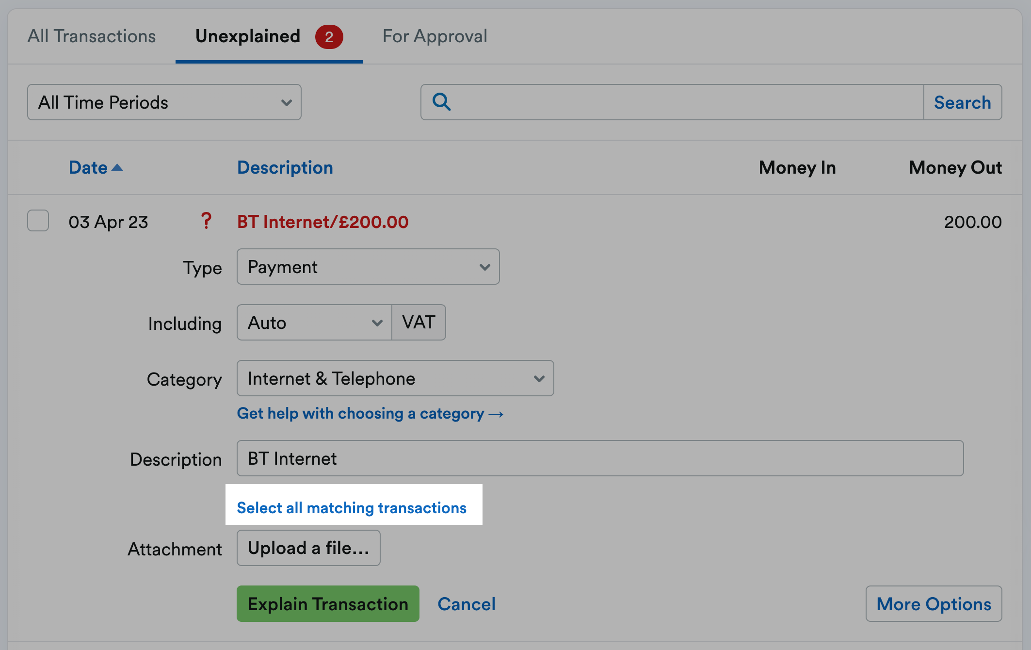 'Select all matching transactions' option highlighted beneath 'Description' field.