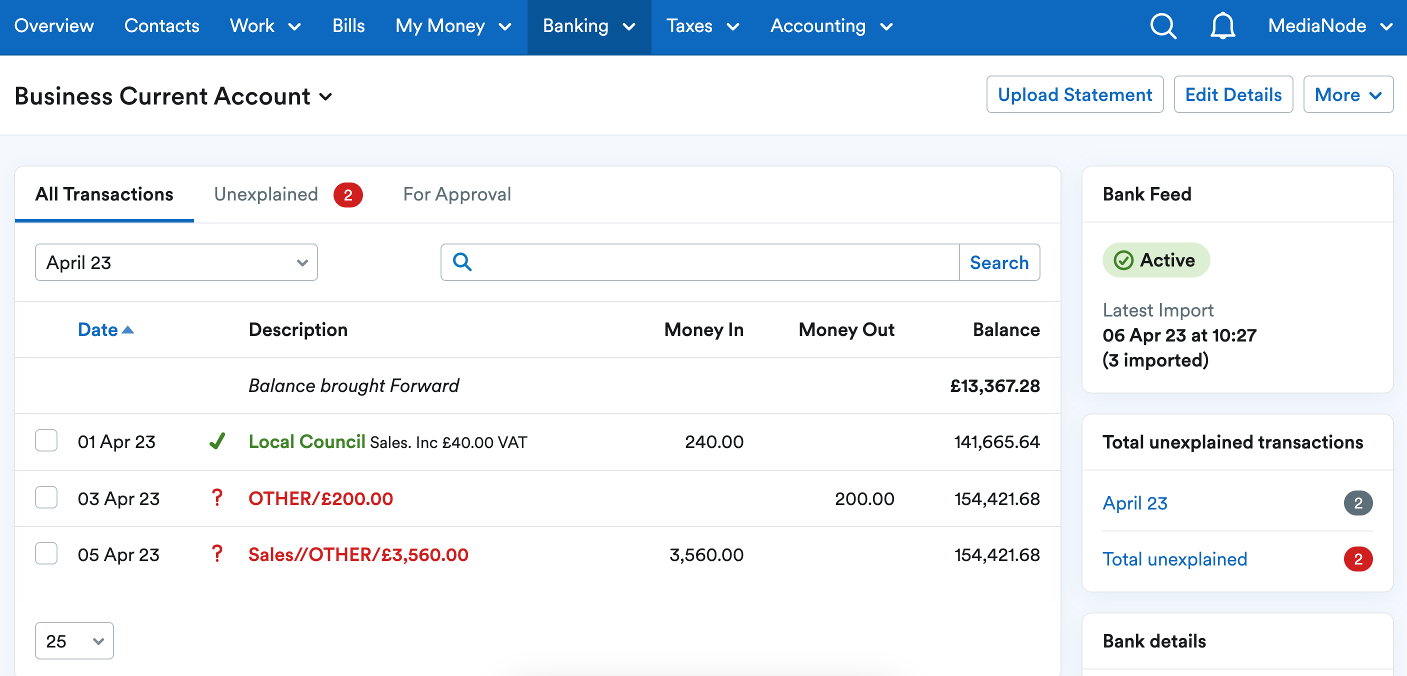 List of transactions displayed on Bank Account page.