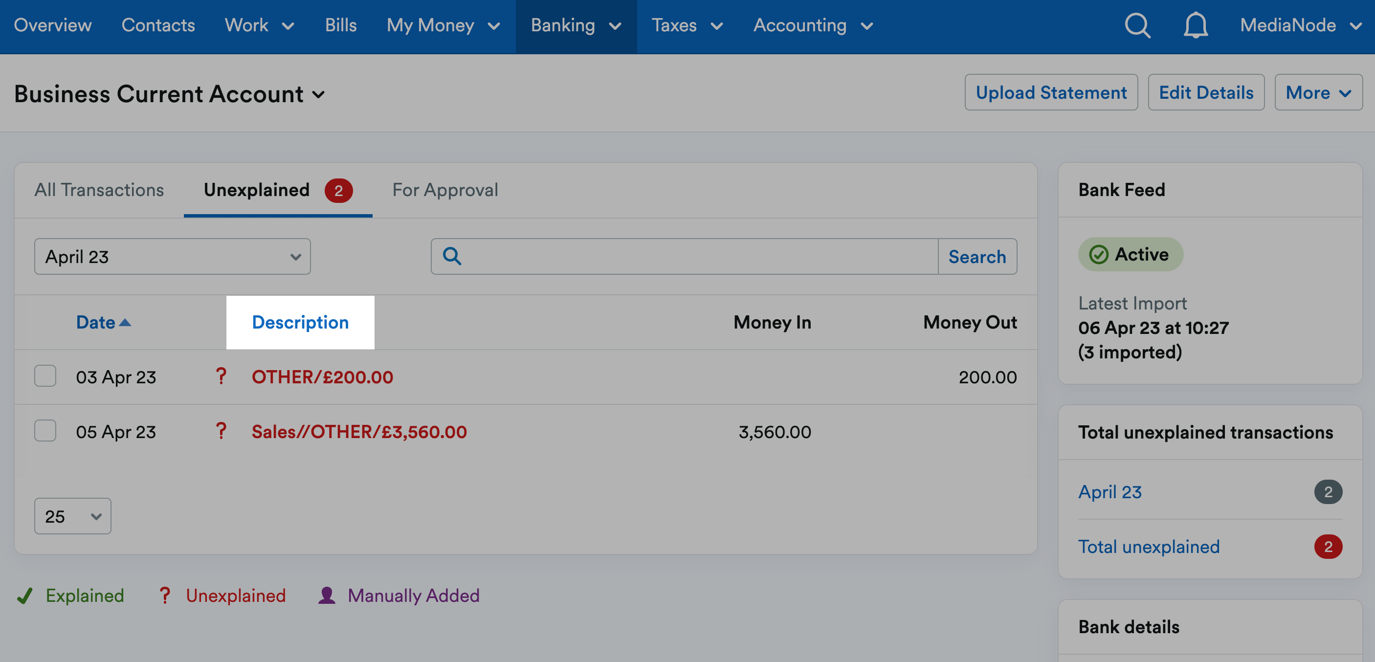 'Description' column header of Transactions table on Bank Account page.