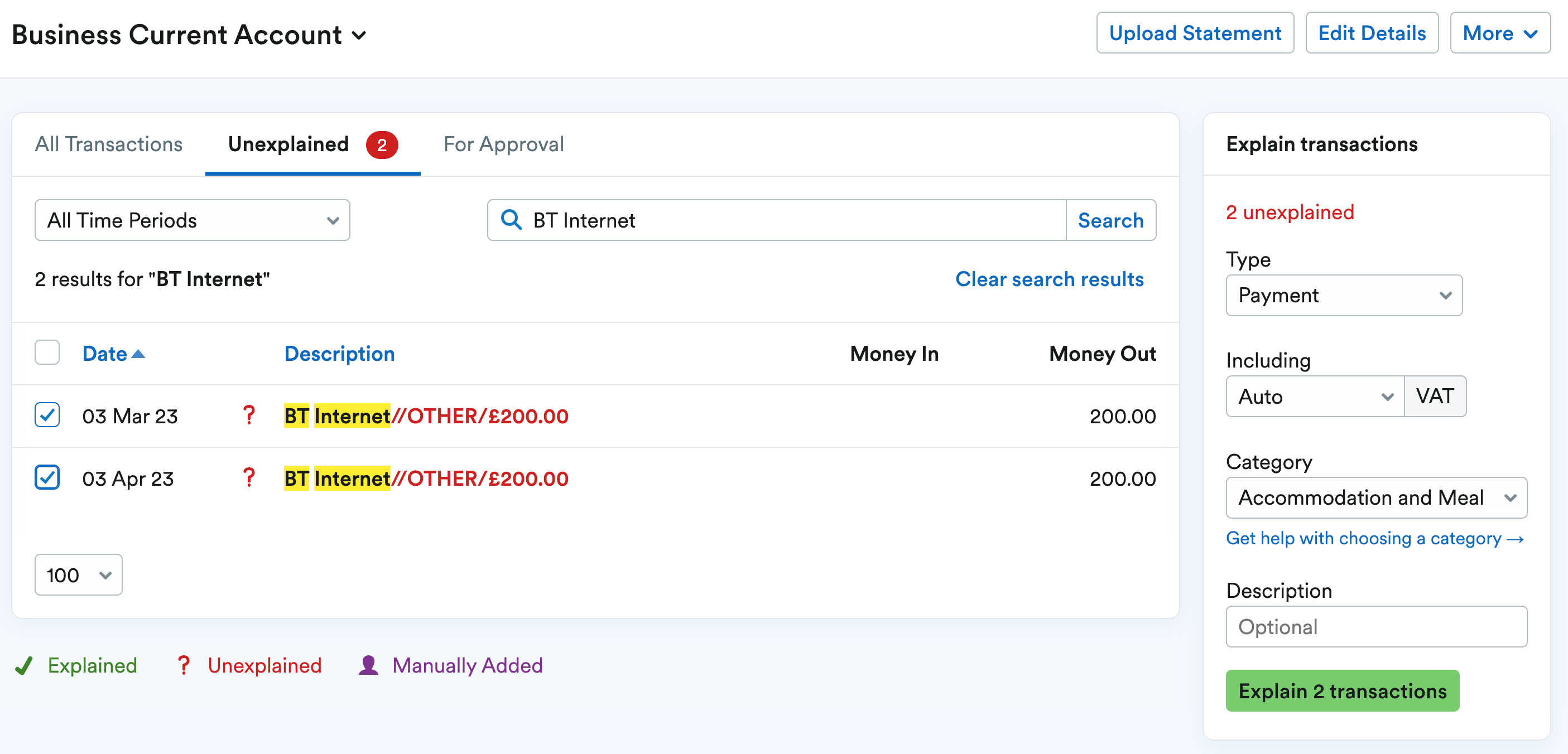Multiple Money Out transactions selected on list of similar transactions.