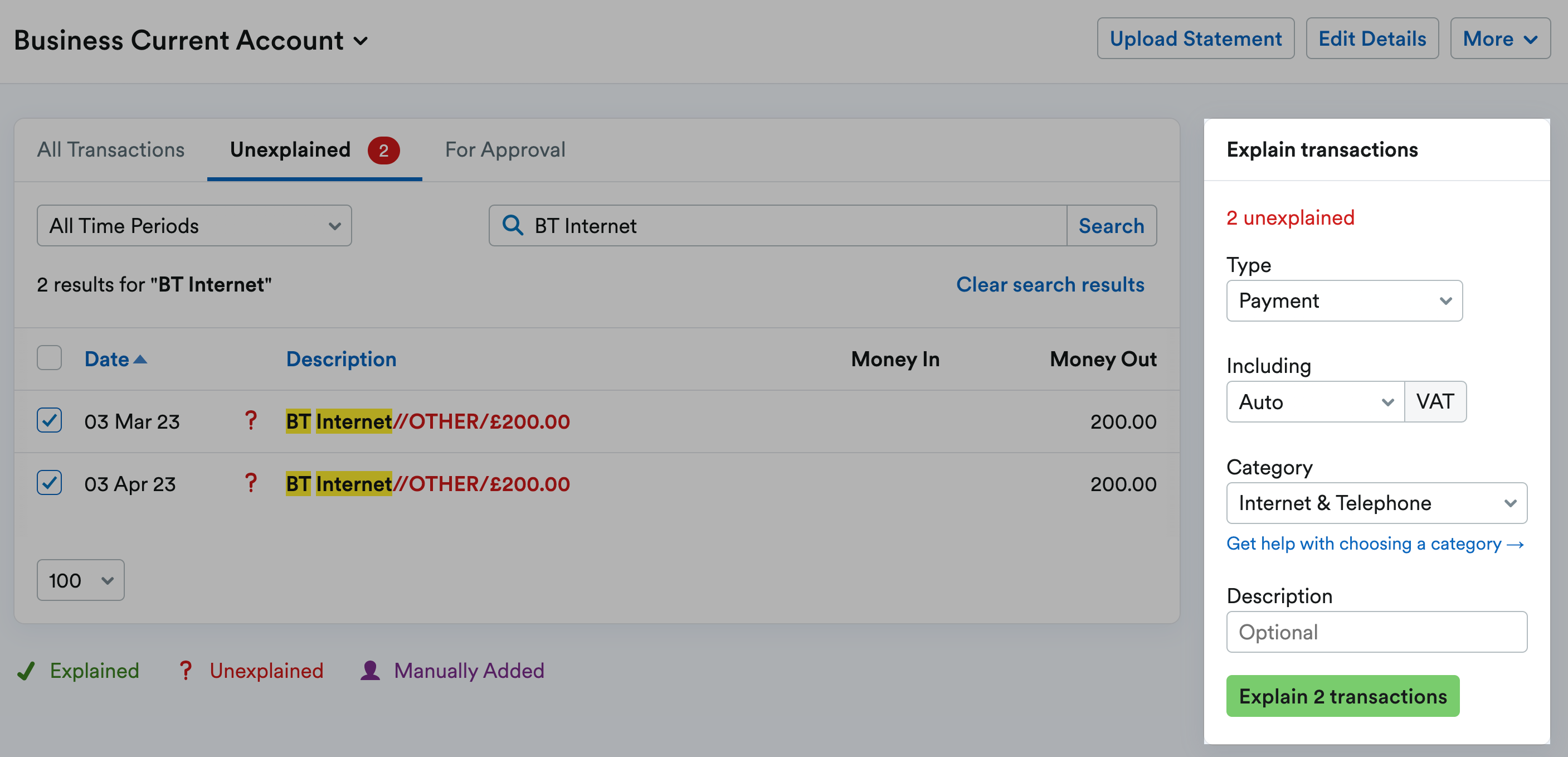 'Type', 'Including... VAT', 'Category' and 'Description' fields in side panel to apply to all selected transactions.