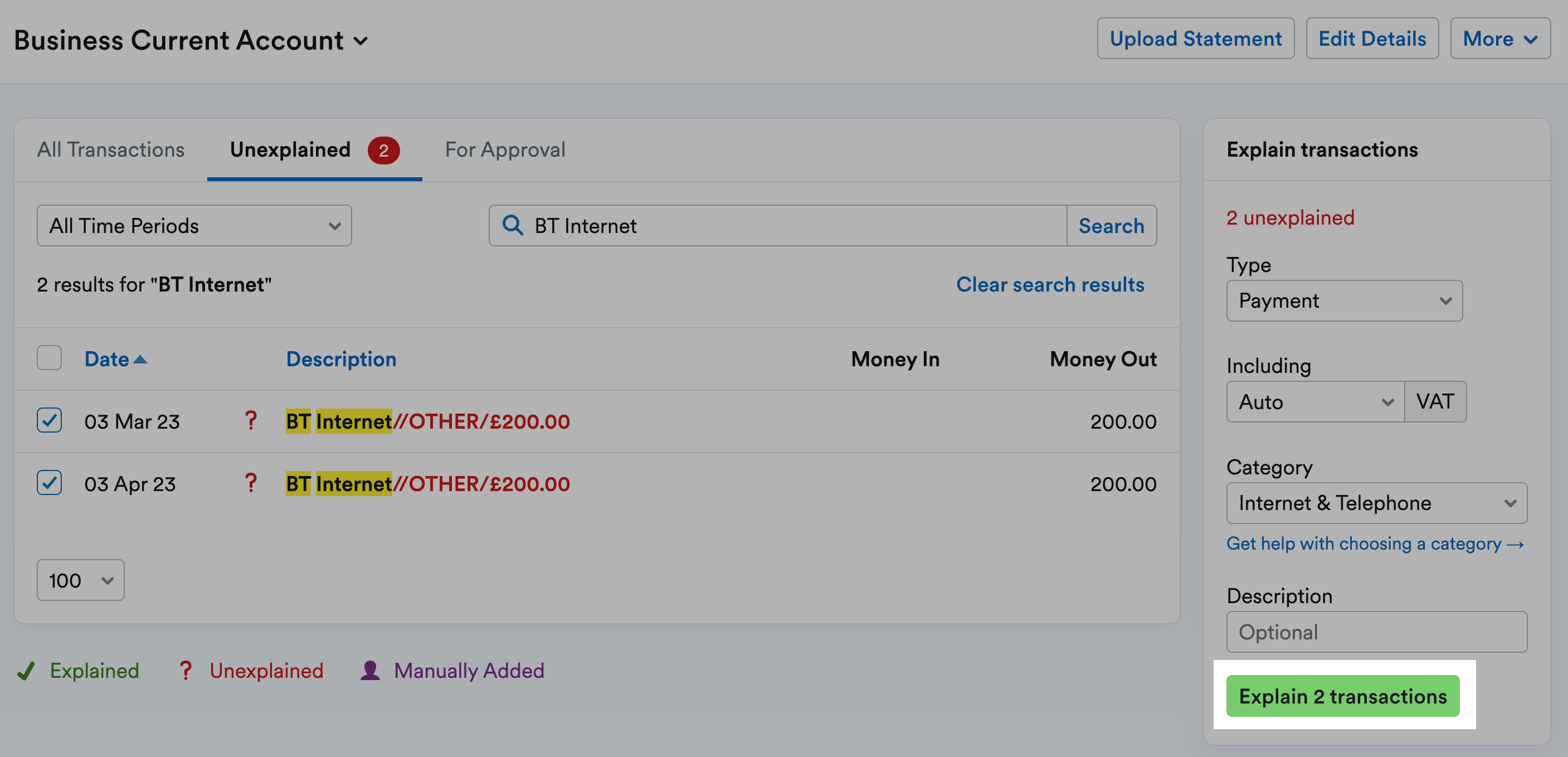 'Explain 2 transactions' button highlighted to apply explanation to 2 selected transactions.