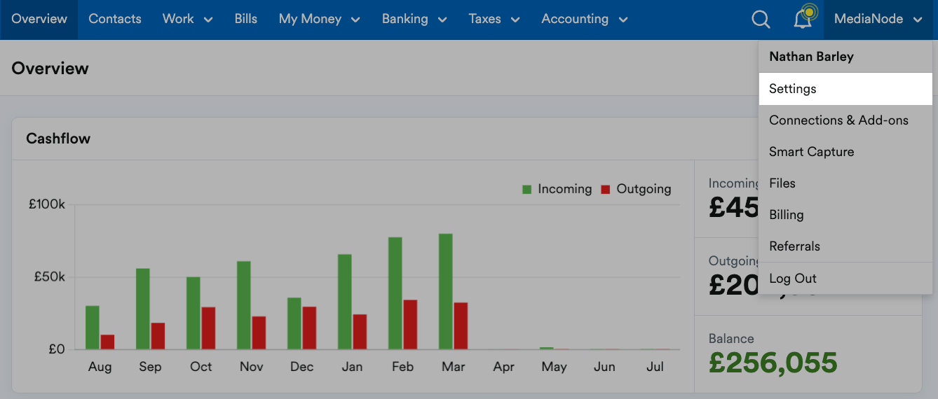 'Settings' highlighted on drop down menu under business name.