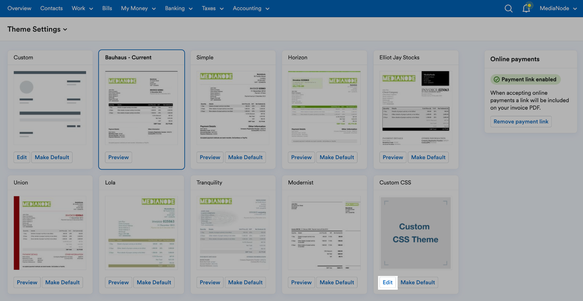 'Edit' button highlighted under 'Custom CSS Theme' thumbnail.