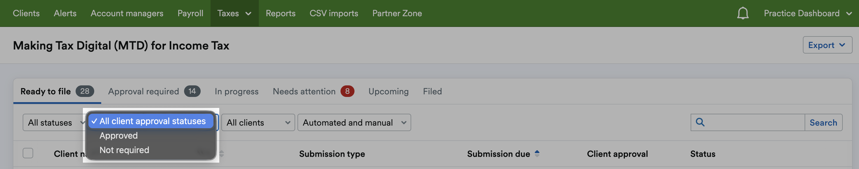 Client approval filter with 'All client approval statuses', 'Approved' and 'Not required' listed as options.
