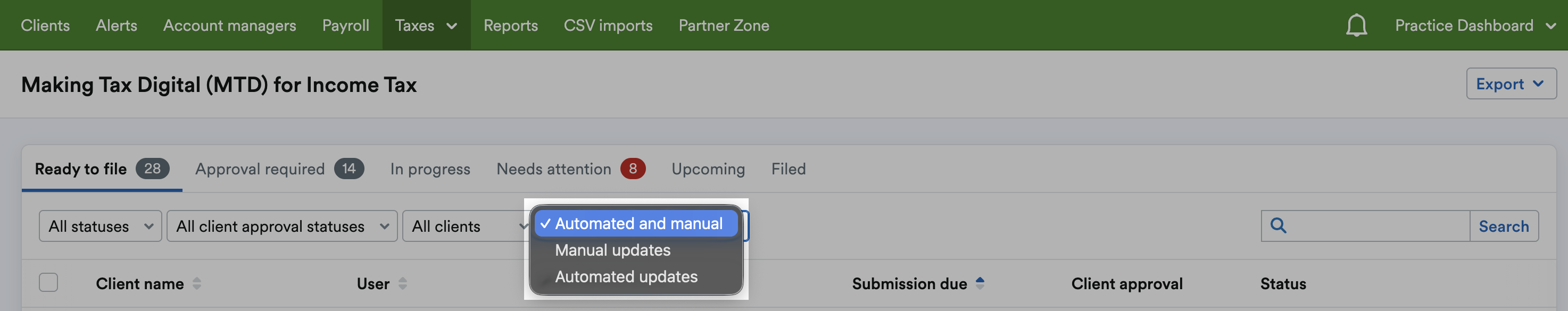 Automated and Manual filter with 'Automated and manual', 'Manual updates' and 'Automated updates' listed as options.