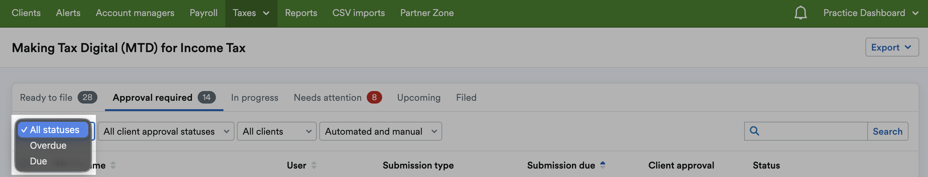 Status filter with 'All statuses', 'Overdue' and 'Due' listed as options.