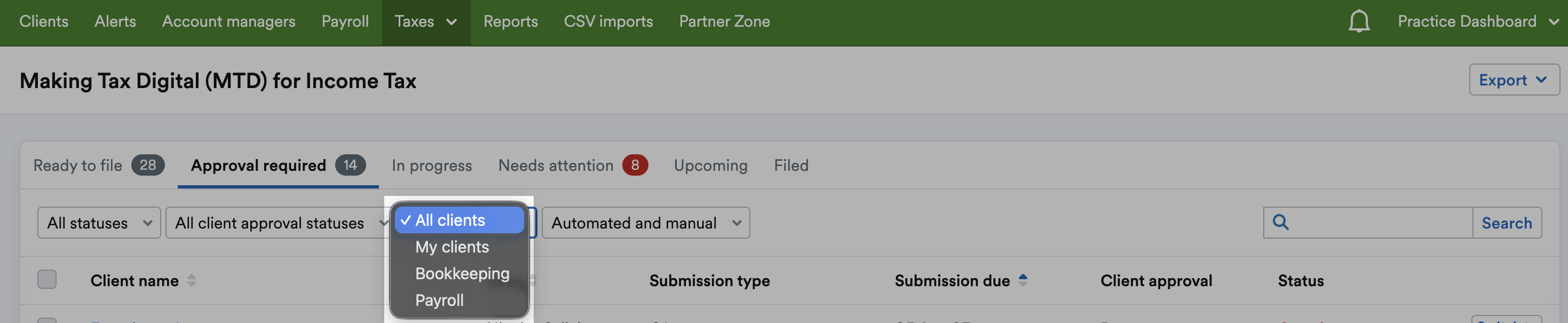 Client filter with 'All clients', 'My clients' and specific client groups listed as options.