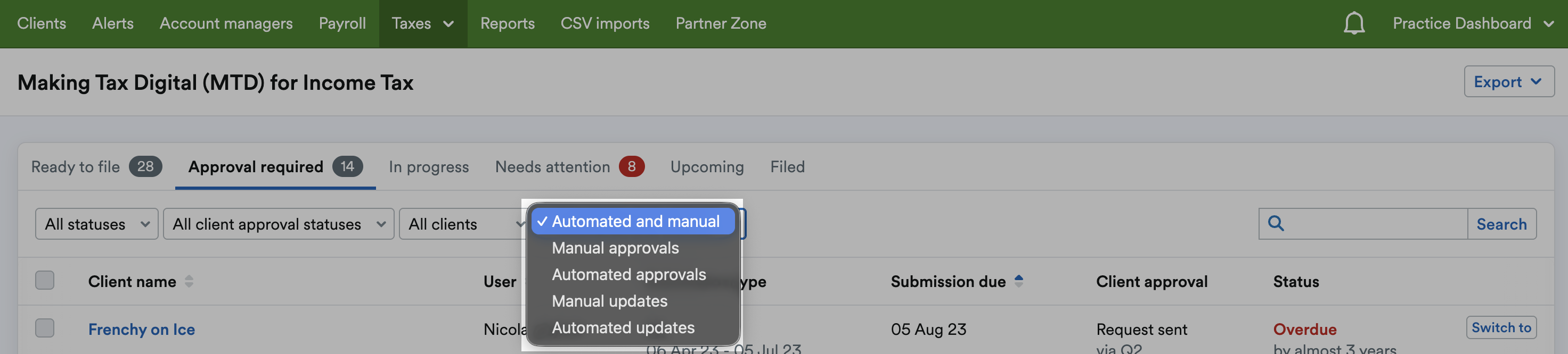 Automated and manual filter with 'Automated and manual', 'Manual approvals', 'Automated approvals', 'Manual updates' and 'Automated updates' listed as options.