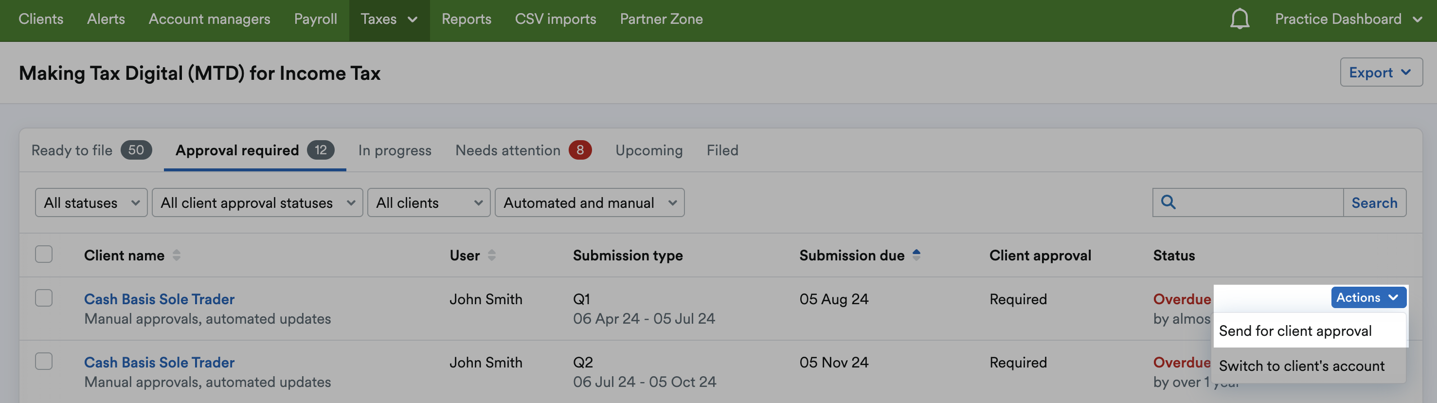 'Send for client approval' button highlighted on 'Actions' drop-down menu.