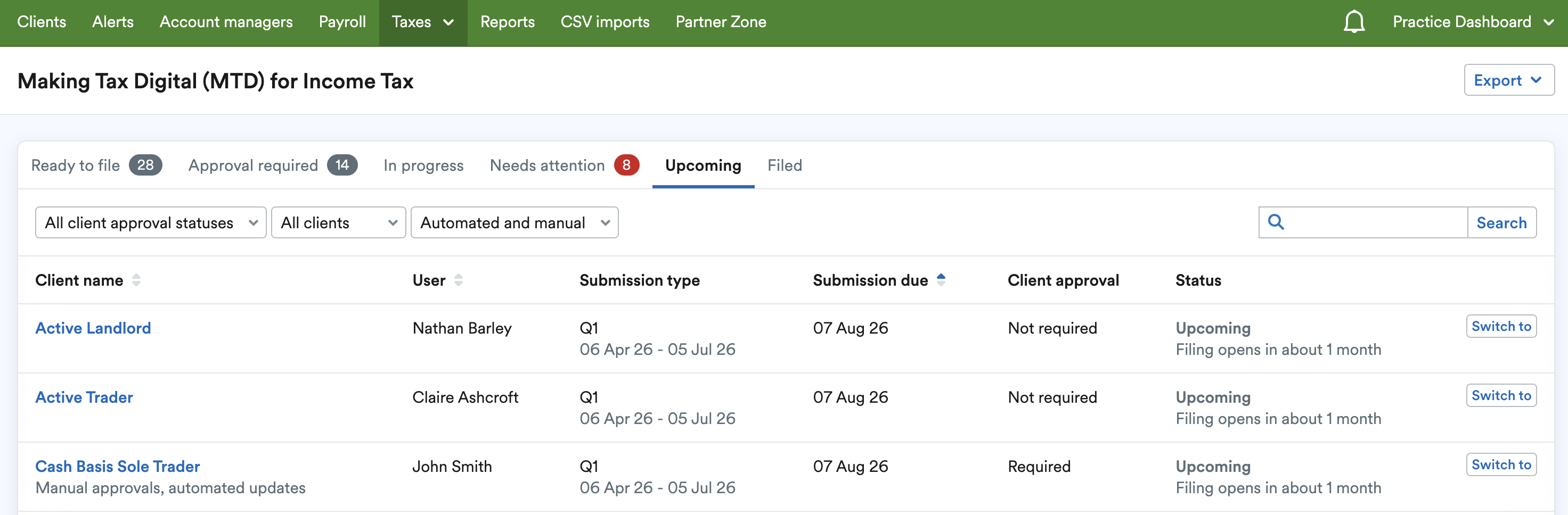 'Upcoming' tab with list of submissions.