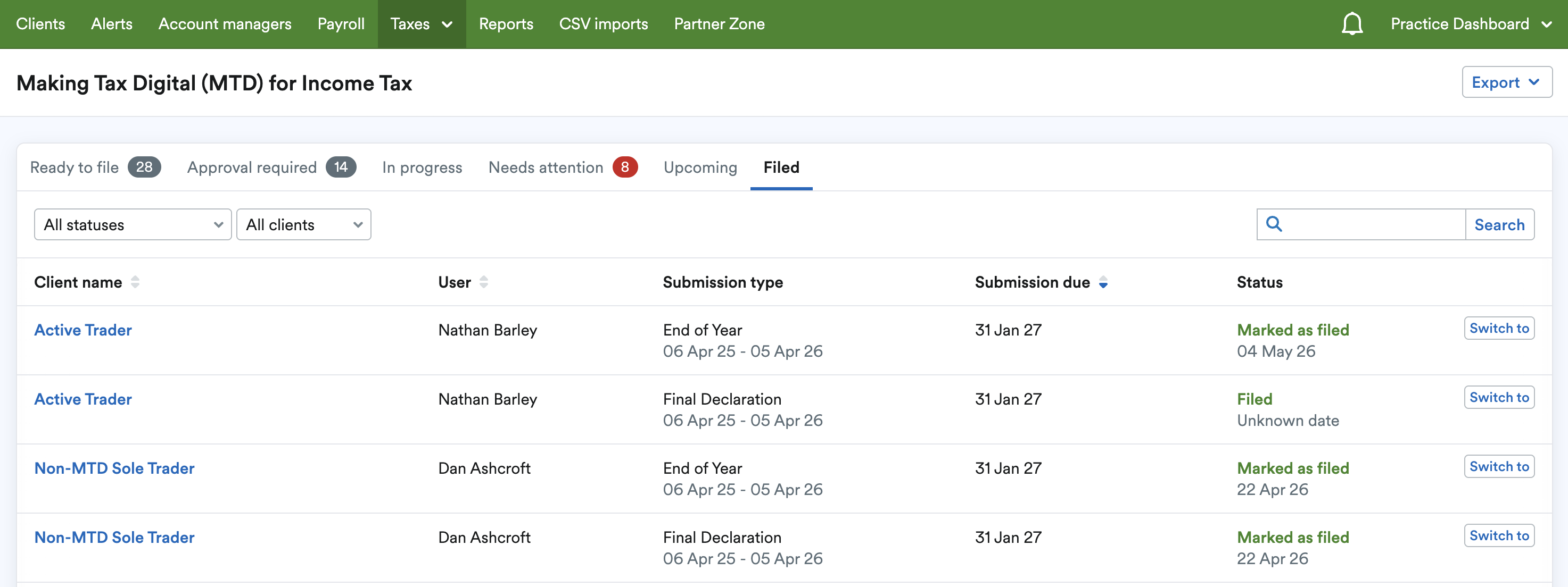 'Filed' tab with list of submissions.