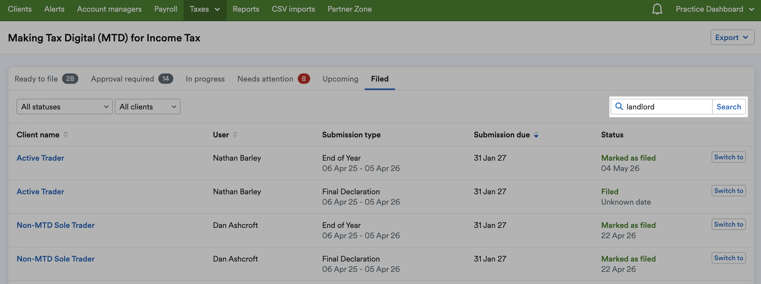 Search bar highlighted above list of submissions.