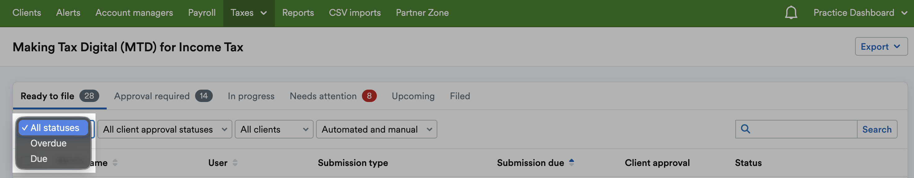 Status filter dropdown menu with 'All statuses', 'Overdue' and 'Due' listed as options.