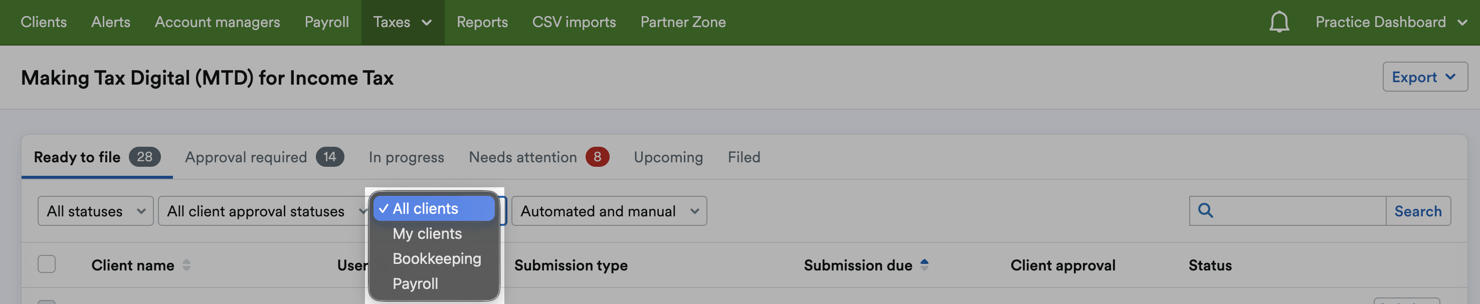 Client type filter with 'All clients', 'My clients' and specific client groups listed as options.