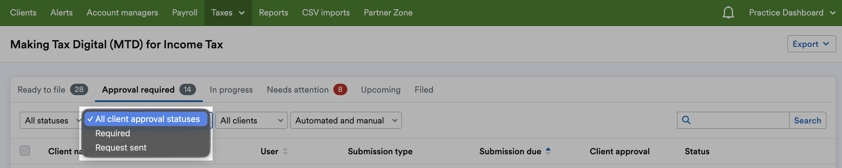 Client approval filter wit 'All client approval statuses', 'Required' and 'Request sent' listed as options.