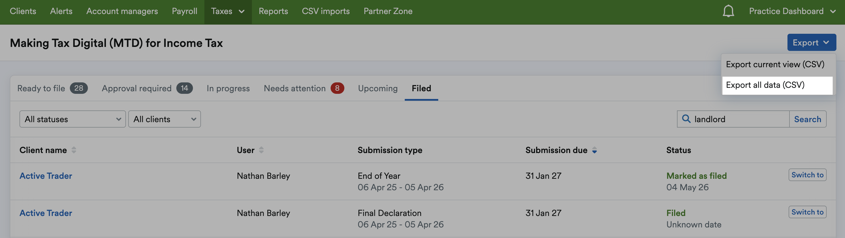 'Export all data (CSV)' button highlighted on 'Export' drop-down menu.