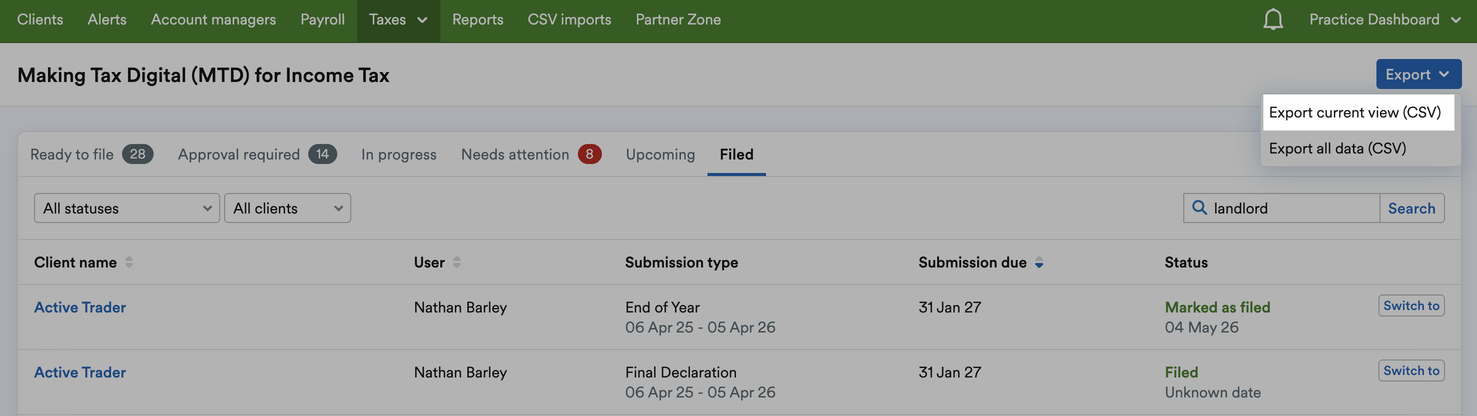 'Export current view (CSV)' button highlighted on 'Export' drop-down menu.