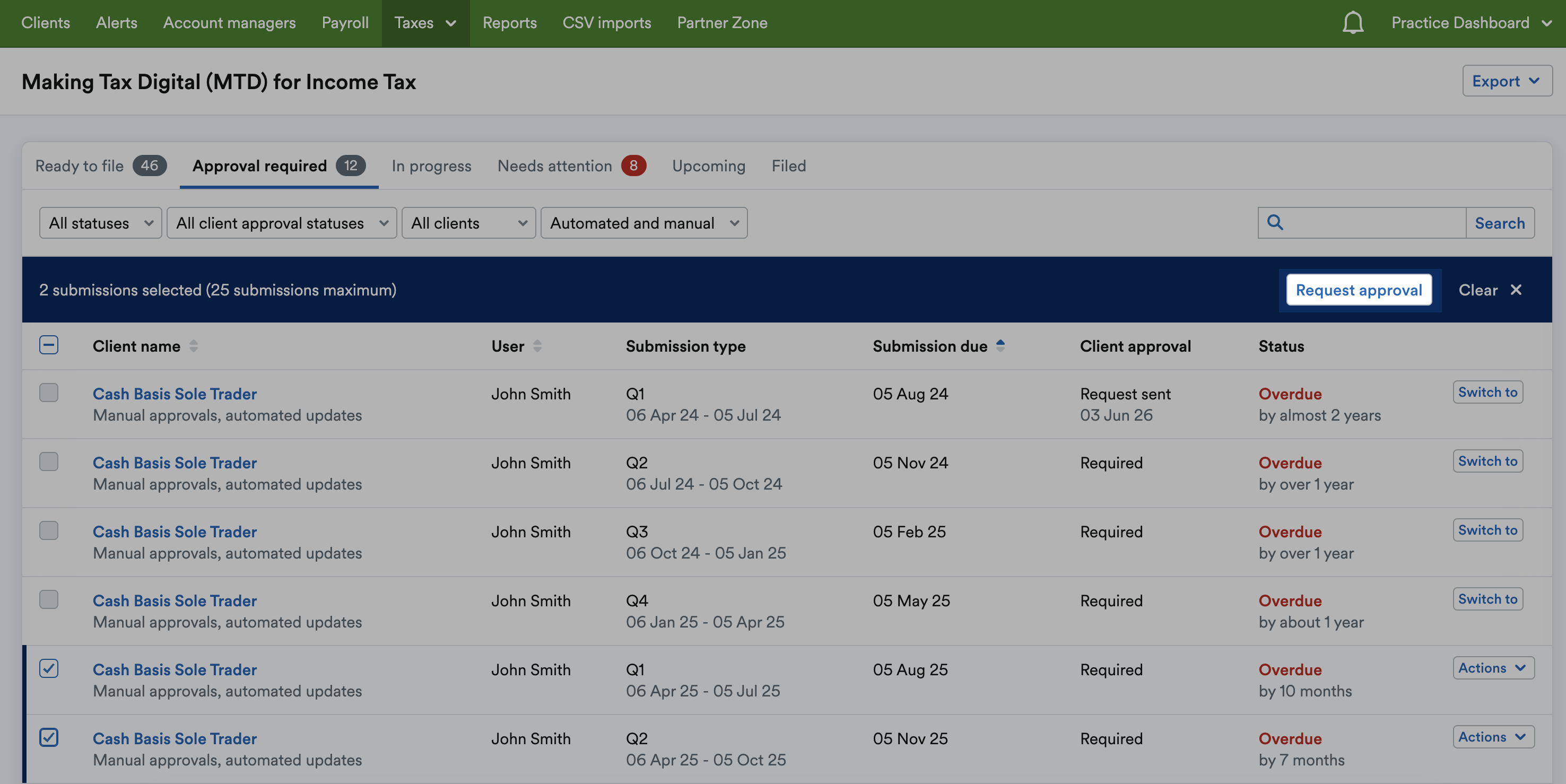 'Request approval' button highlighted in selected submissions bar.