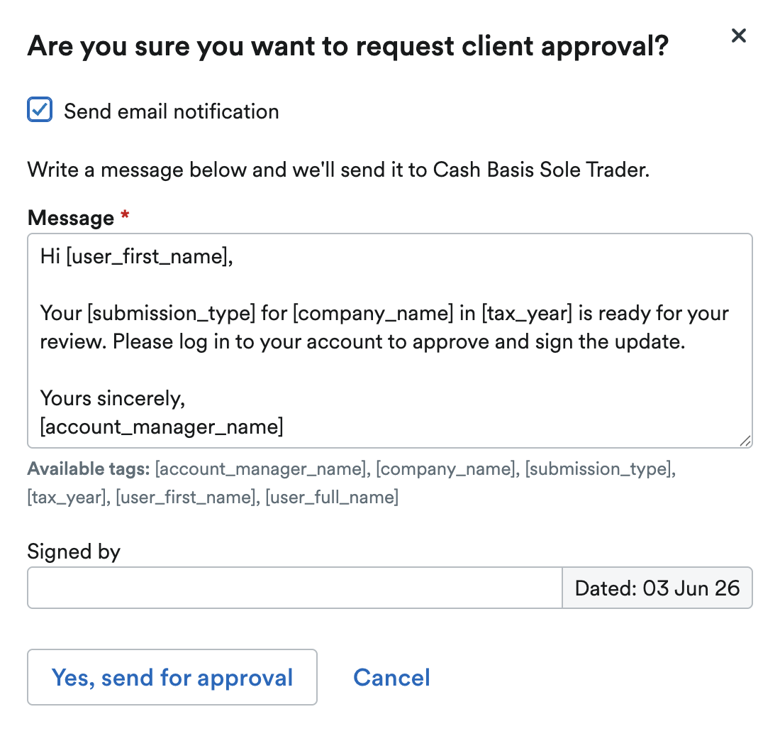 'Are you sure you want to request client approval?' window.