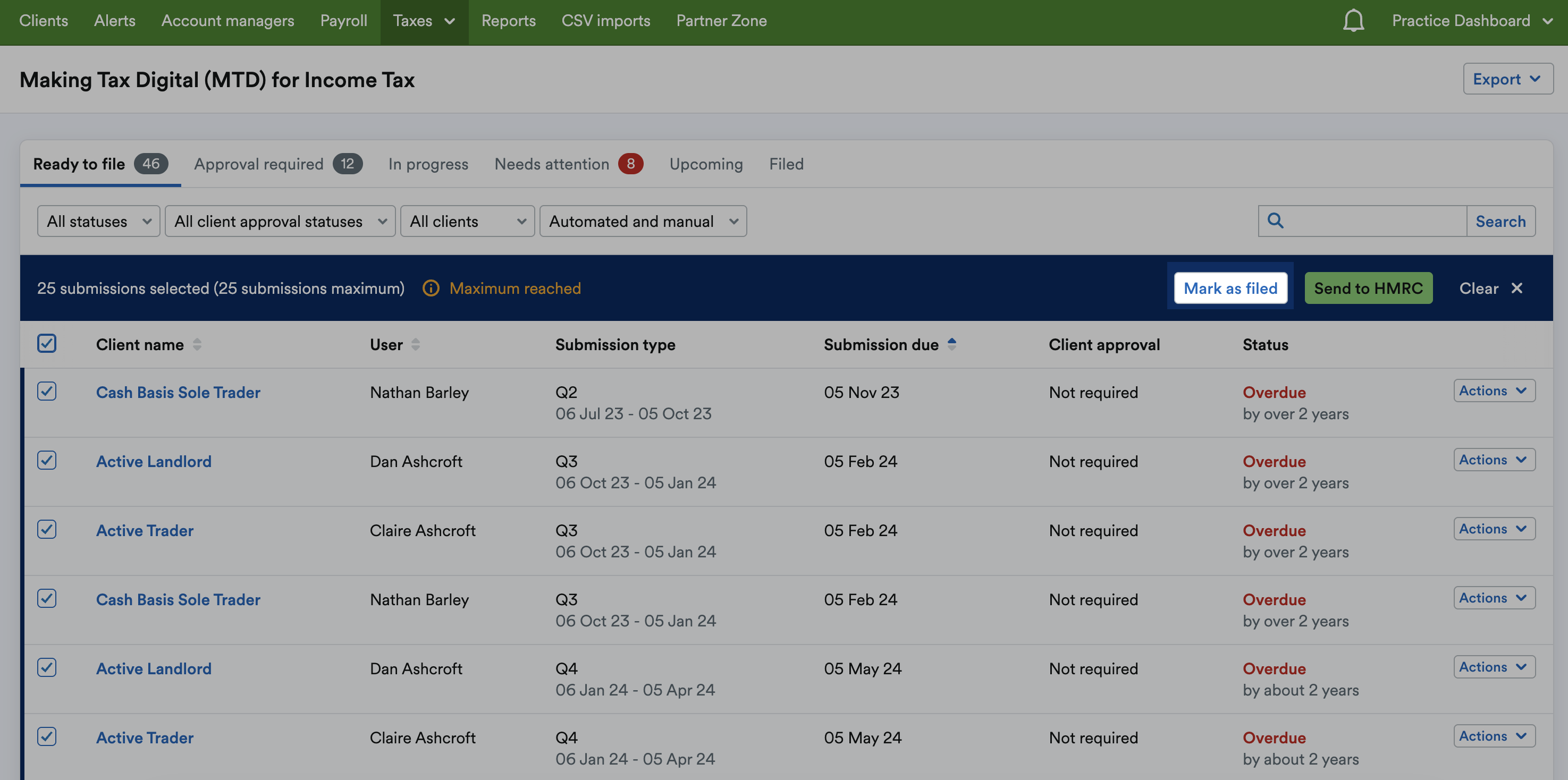 'Mark as filed' button highlighted in selected submissions bar.