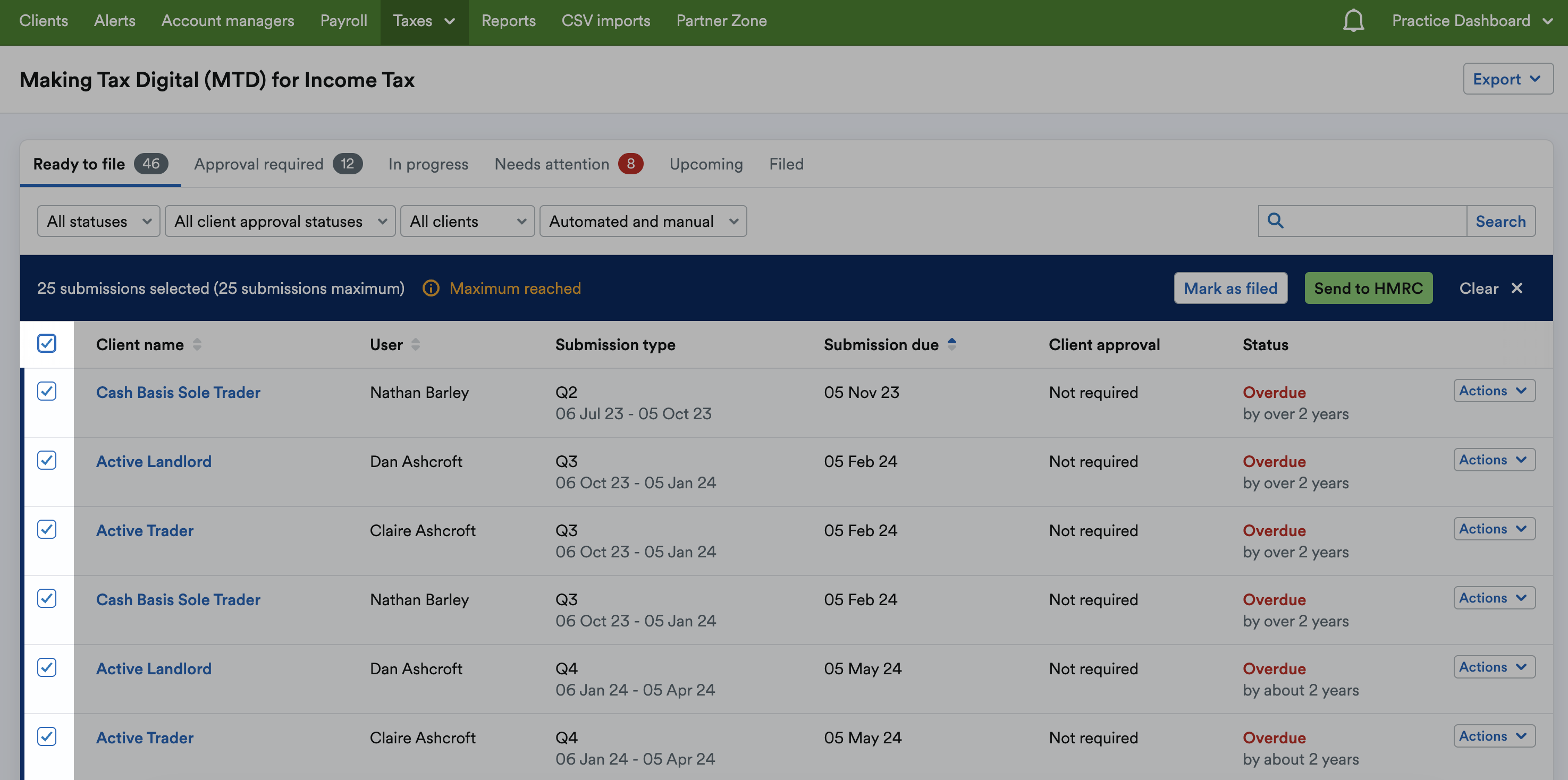 Checkbox next to 'Client name' header ticked and all submissions on page selected as a result.