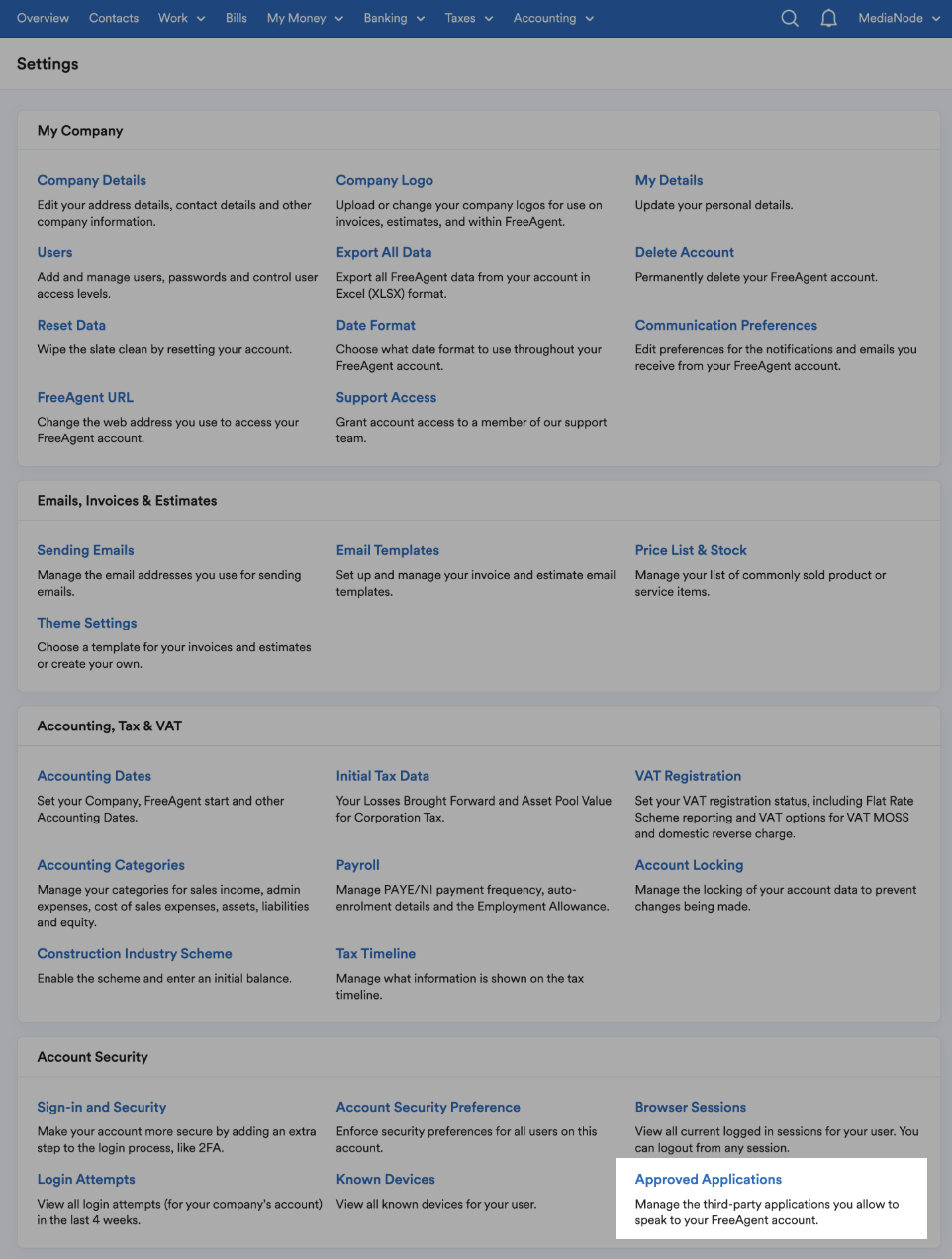 'Approved Applications' highlighted in 'Account Security' section on Settings page.