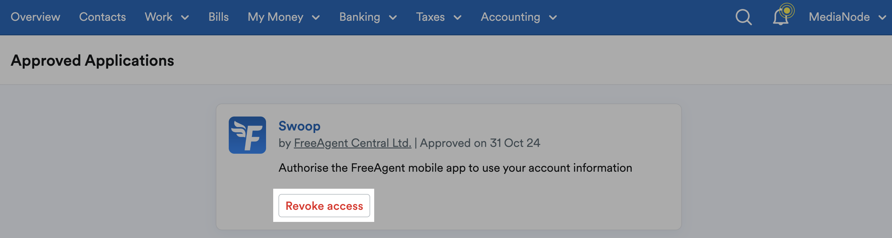 'Revoke access' button highlighted under Swoop section of Approved Applications page.