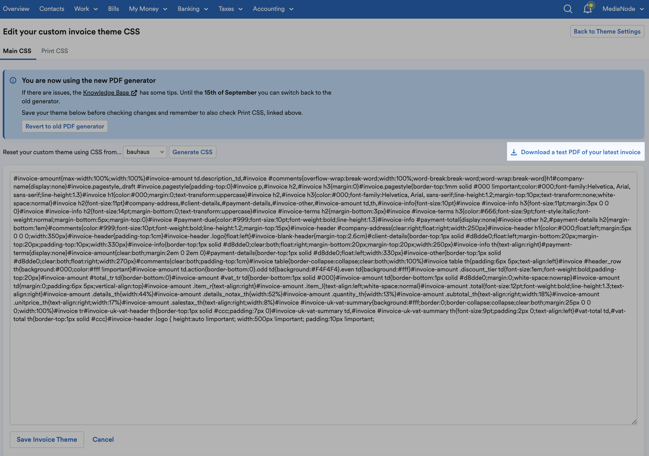 'Download a test PDF of your latest invoice' highlighted under notice of using new PDF generator.
